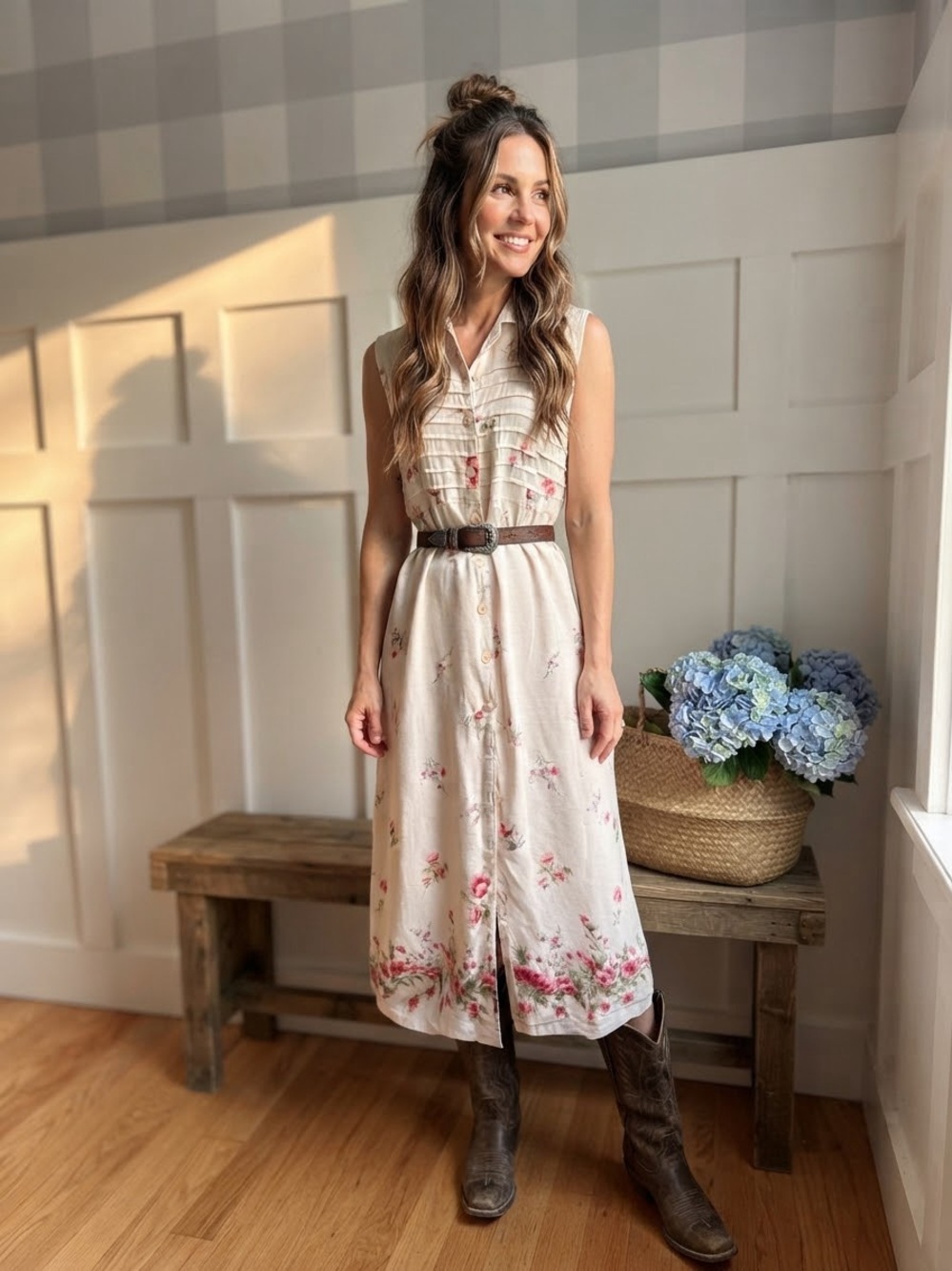 KEREN hart Cream Floral Sleeveless Midi Dress Medium